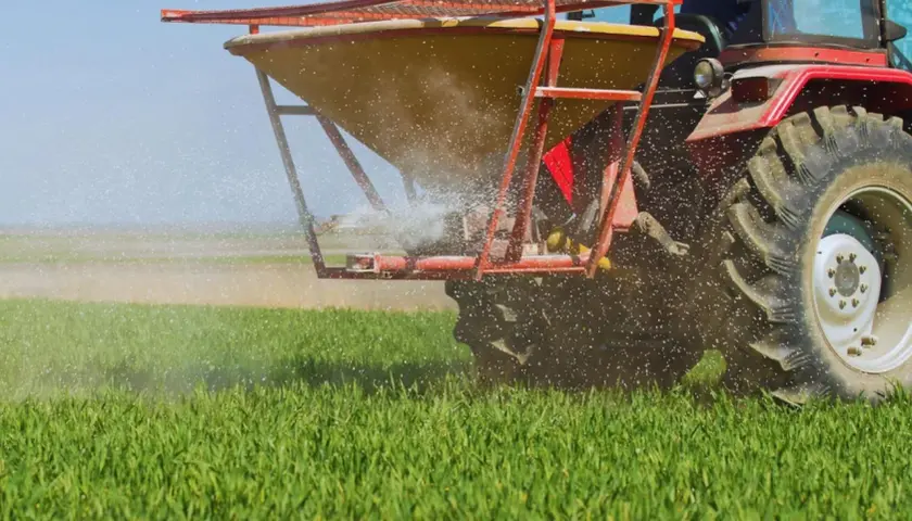 Czerwony traktor rozsiewa nawóz wapniowy na zielonym polu, dbając o zdrowie upraw.