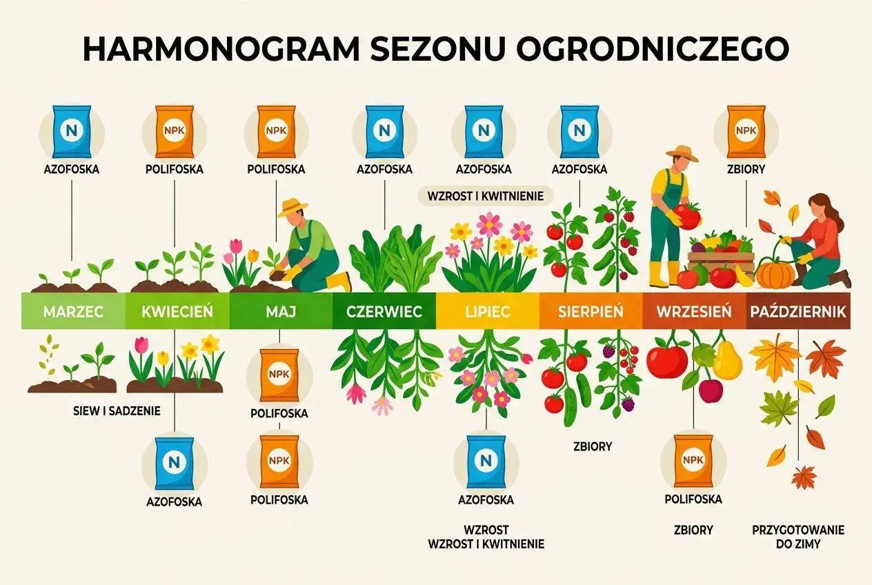 Harmonogram nawożenia: Azofoska do wzrostu i kwitnienia w czerwcu i lipcu, Polifoska do zbiorów we wrześniu.